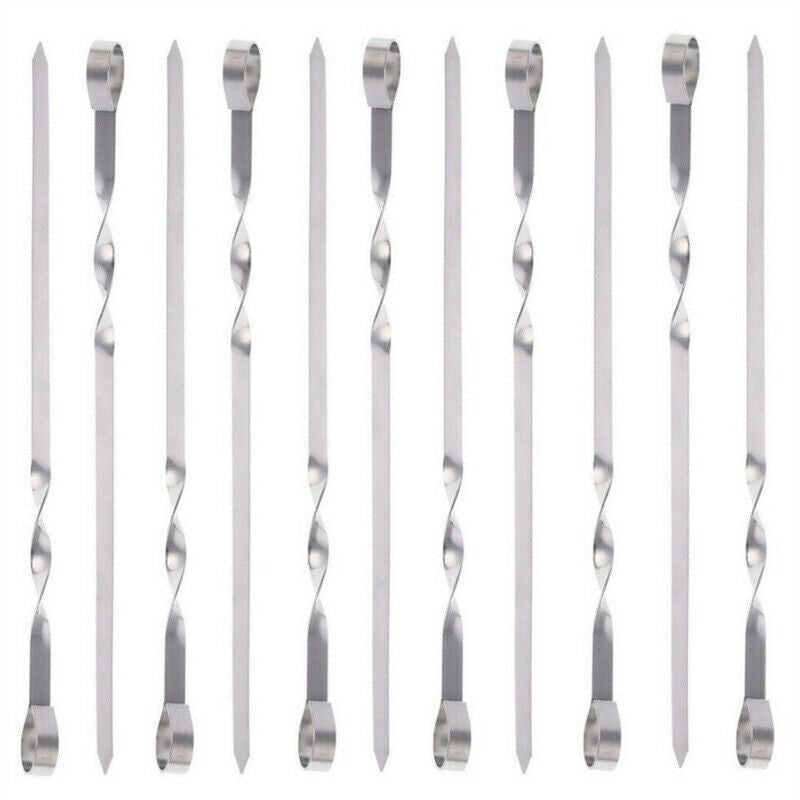 10PCS BBQ LONG Metal Kebab Grill Steel Sticks Flat Skewers Barbecue Meat