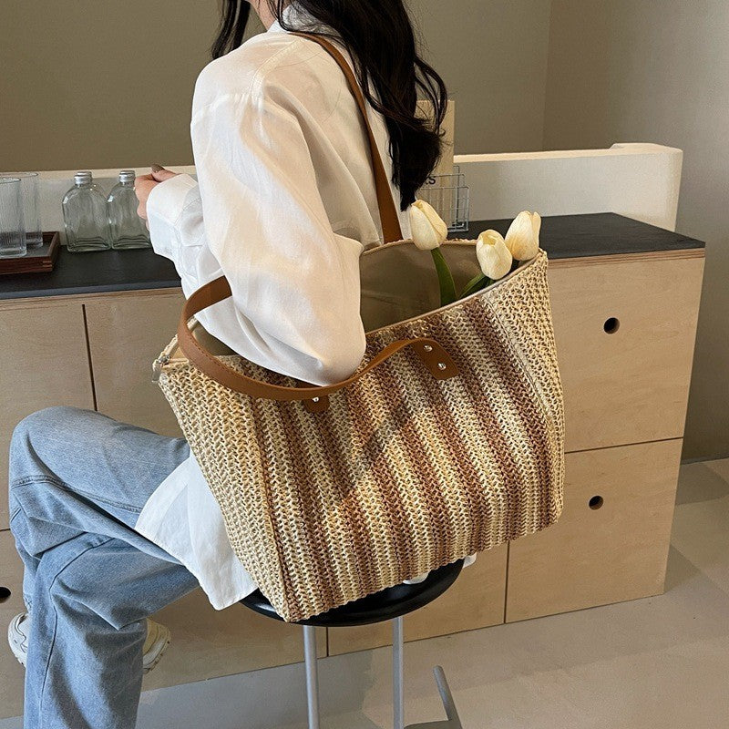 Large Summer Beach Tote Bag Woven Straw Shoulder Women's Bag Holiday Bag