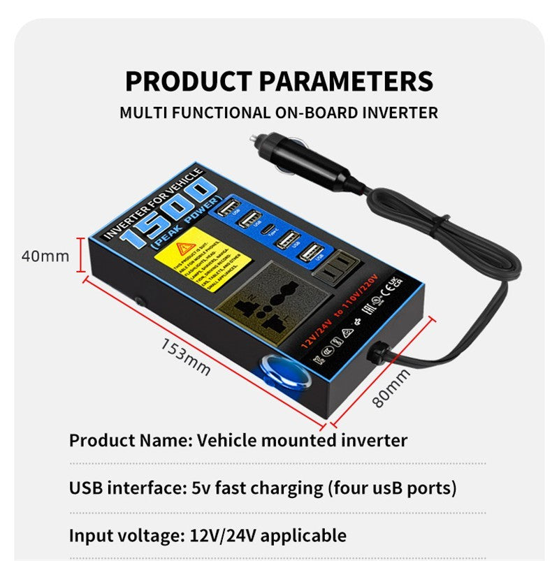 1500W Car Power Inverter Converter Adapter 12/24V to 220V1 Type-C USB 4 Socket