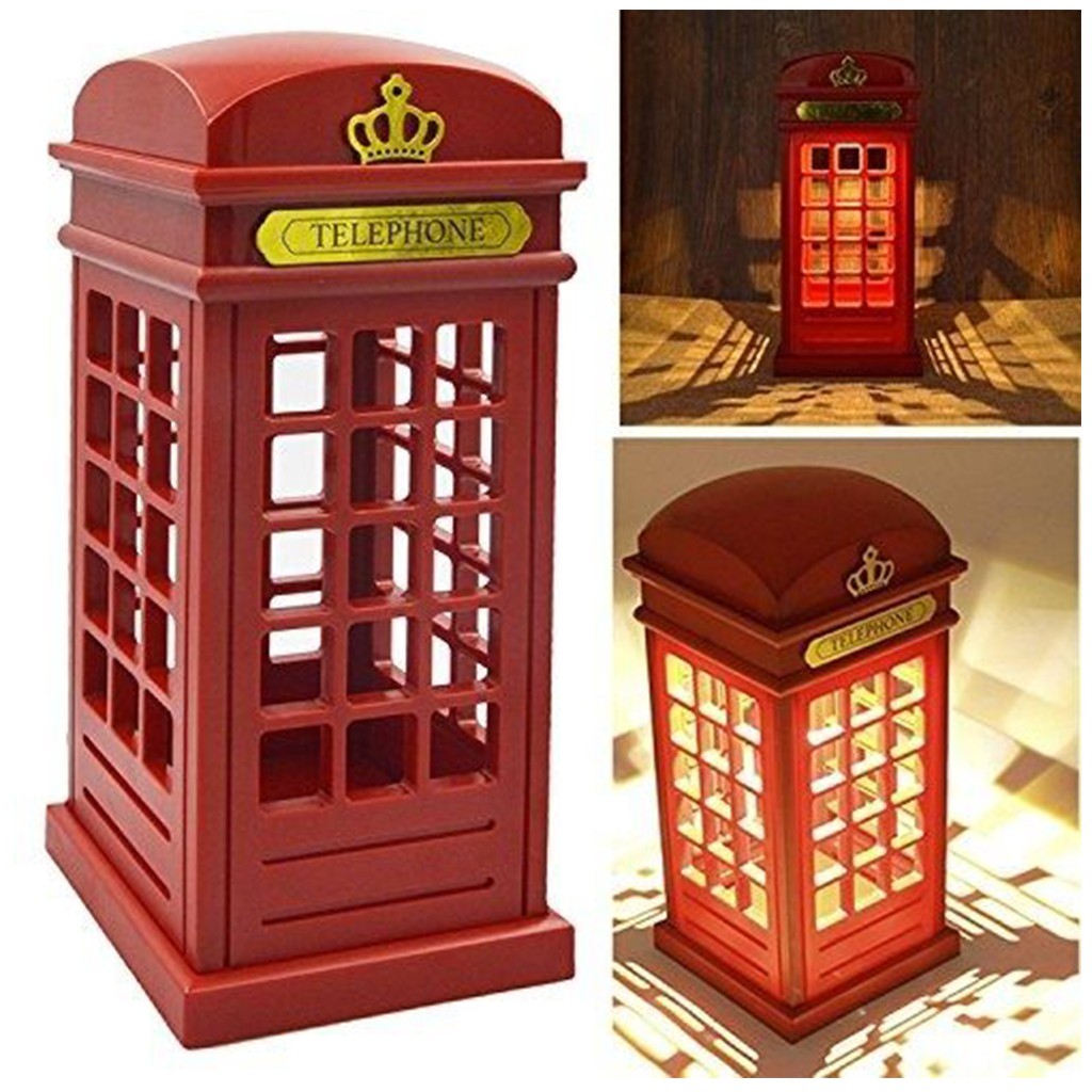 Red London Telephone Booth Night Light Bedside LED Table Lamp USB /Battery