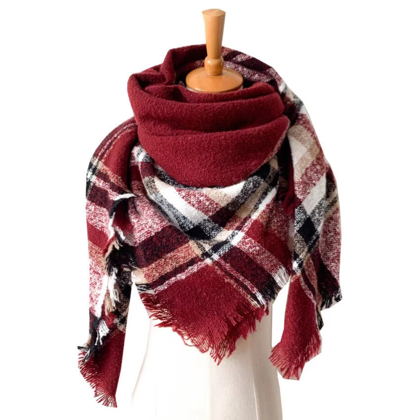 Ladies WINE RED & WHITE  Pashmina Scarf Polyester Plaid Tartan Tessels Shawl