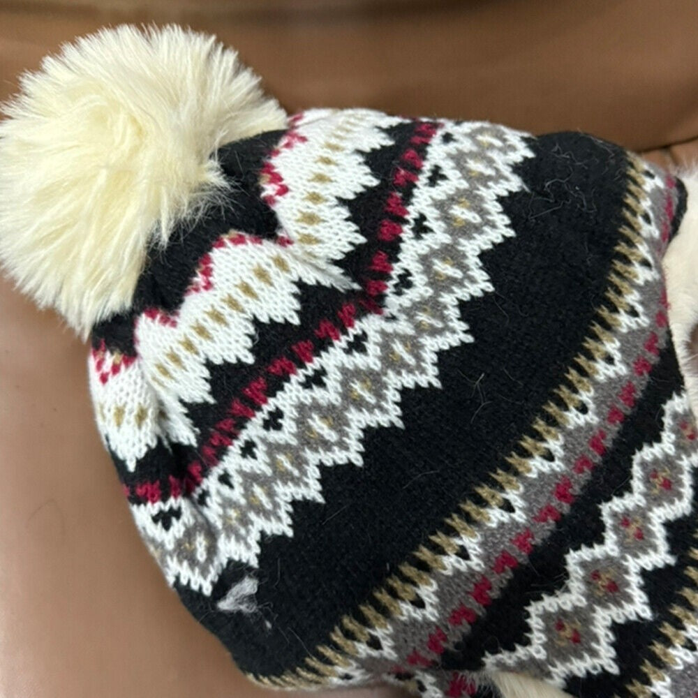 Ladies Warm Beanie Cap Knitted Bobble Hat with Ear Flaps Winter Trapper Hat