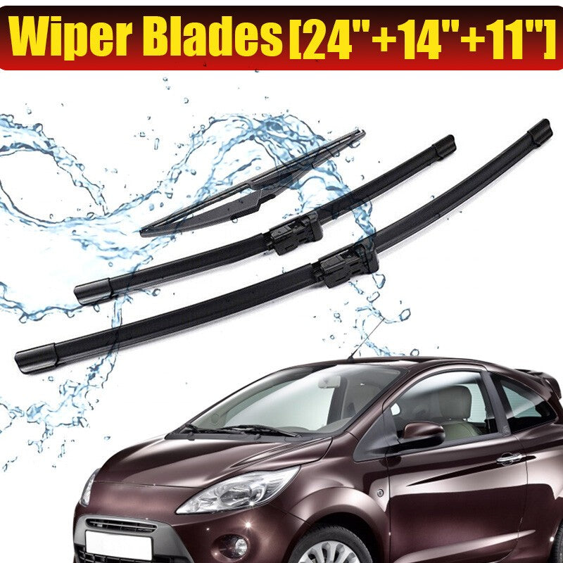 3PCS 24" 14" 11" Front & Rear Windscreen Wiper Blades Set For Fiat 500 Ford KA