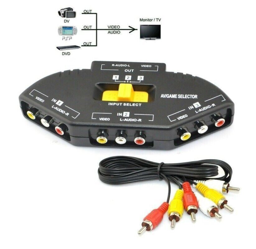 3-Way Audio Video AV RCA Black Switch Selector Box Splitter Signal Switcher