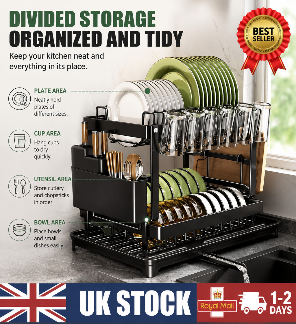 2 Tier Dish Drainer Rack with Drip Tray Cutlery Holder Plate Rack Kitchen Sink