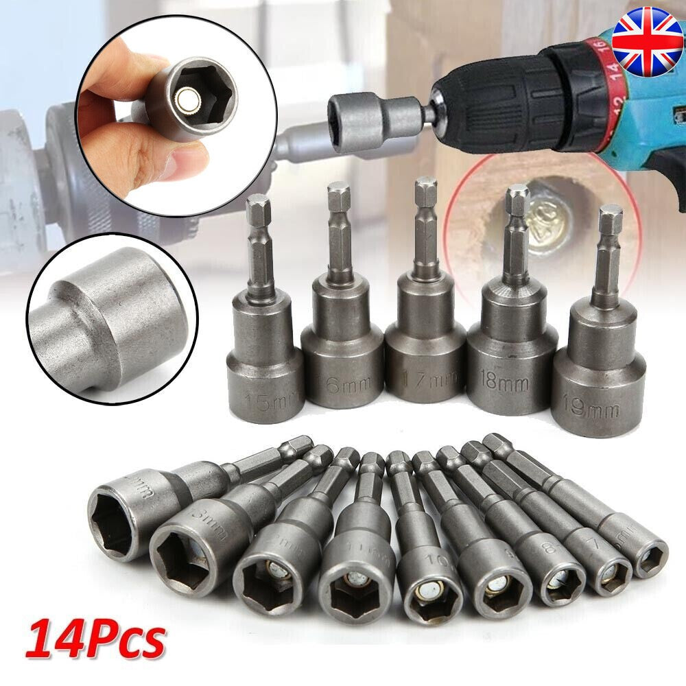14pcs 6 -19mm 1/4" Nut Driver Bit Set Hex Magnetic Metric Socket Impact Drill UK