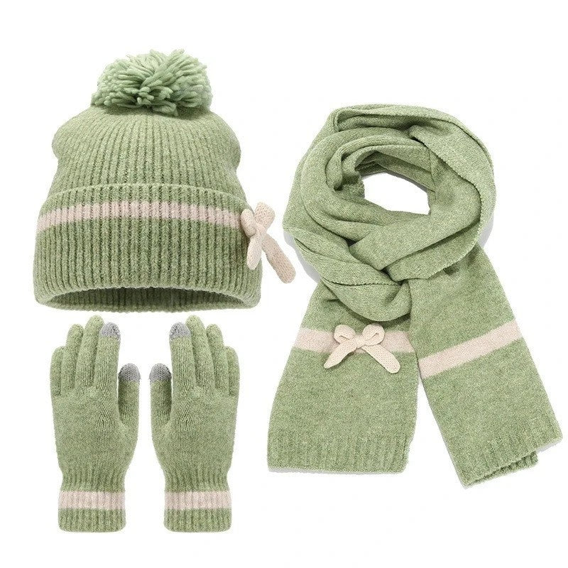 Womens Ladies Thick Knit Hat Scarf AND Touchscreen gloves Set Knitted Winter UK