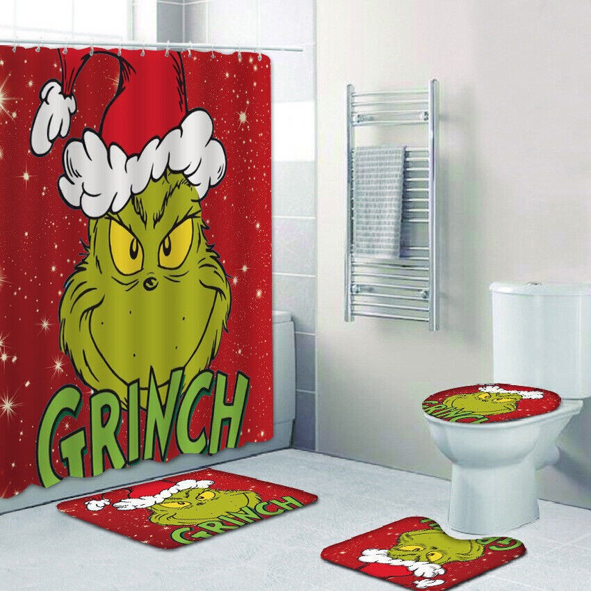 3D How the Grinch Stole Christmas Shower Curtain Bath Mat Toilet Cover Rug UK