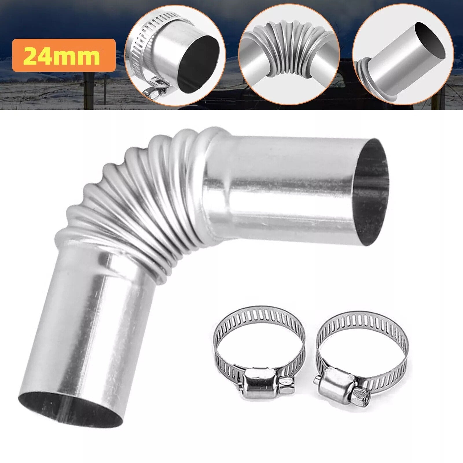 24mm Elbow Pipe Air Diesel Heater Exhaust Connector w/Clamps For Diesel Heater
