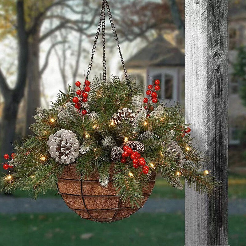 Christmas Artificial Flower Hanging Basket w/ LED Lights Xmas Garden Home Decor