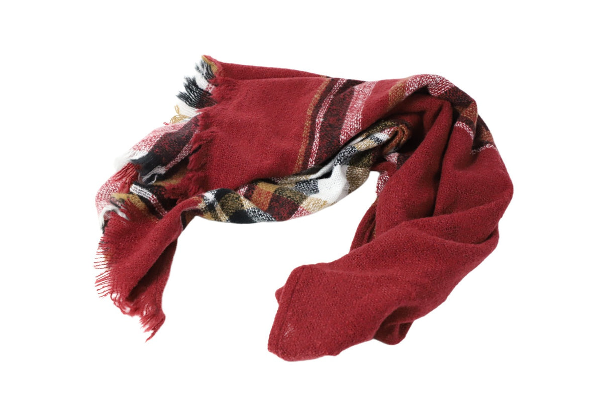 Ladies WINE RED & WHITE  Pashmina Scarf Polyester Plaid Tartan Tessels Shawl