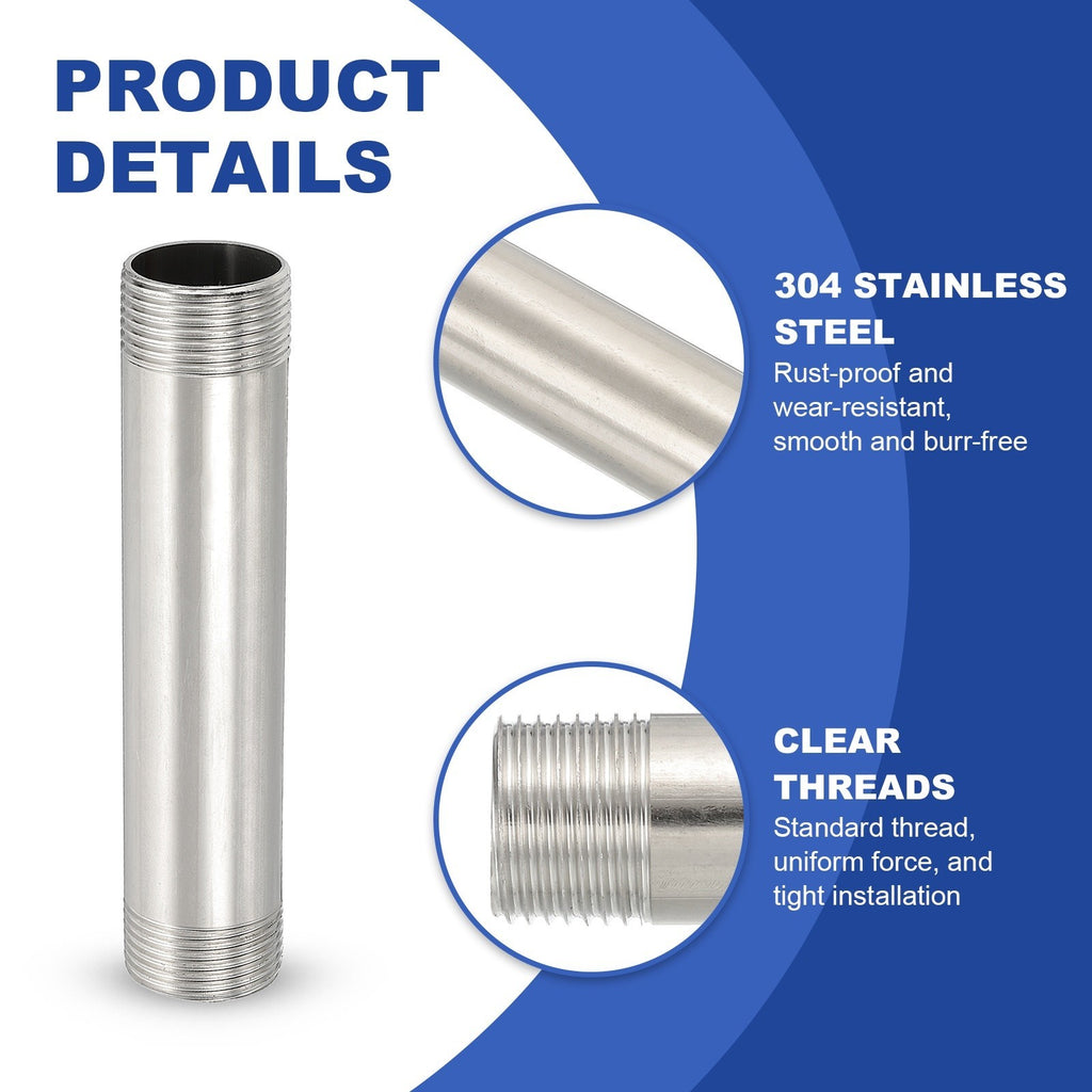 2pcs Stainless Steel Pipe Fitting 1" BSP Male x 1" BSP Male Threaded 6" Long