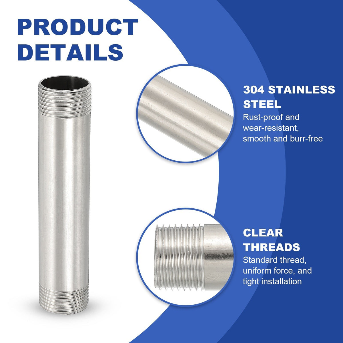 2pcs Stainless Steel Pipe Fitting 1" BSP Male x 1" BSP Male Threaded 6" Long