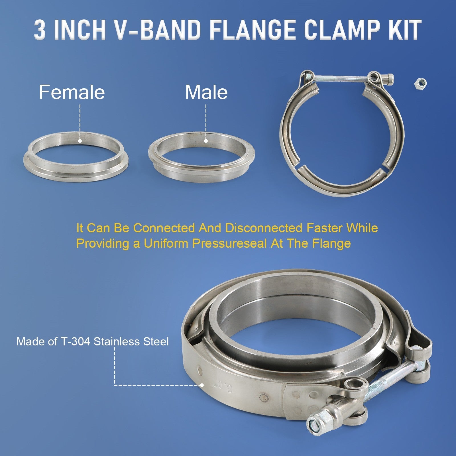 76mm 3" Inch V-band Clamp + Flanges Complete Stainless Steel Exhaust Turbo Hose