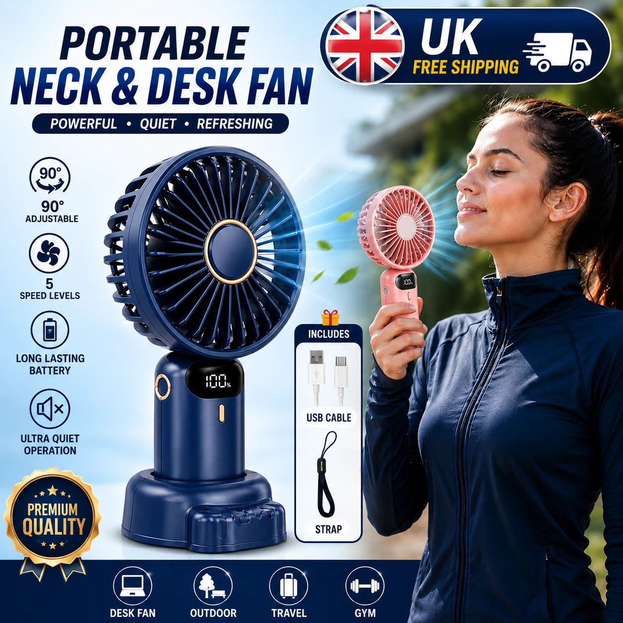 5-Speed Mini Handheld Fan Portable Fold Desk Cooler Cooling USB Rechargeable