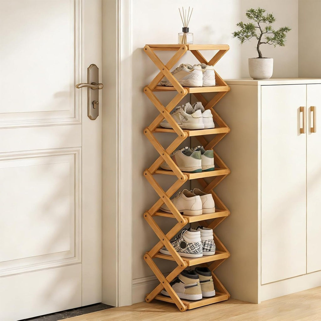 7 Tier Vertical Bamboo Folding Shoe Rack Storage Organizer Stand Corner Shelf UK