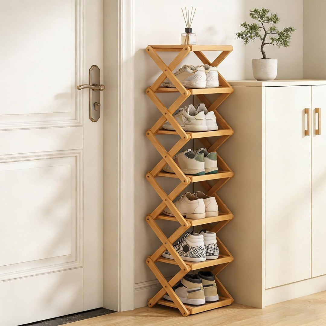 7 Tier Vertical Bamboo Folding Shoe Rack Storage Organizer Stand Corner Shelf UK