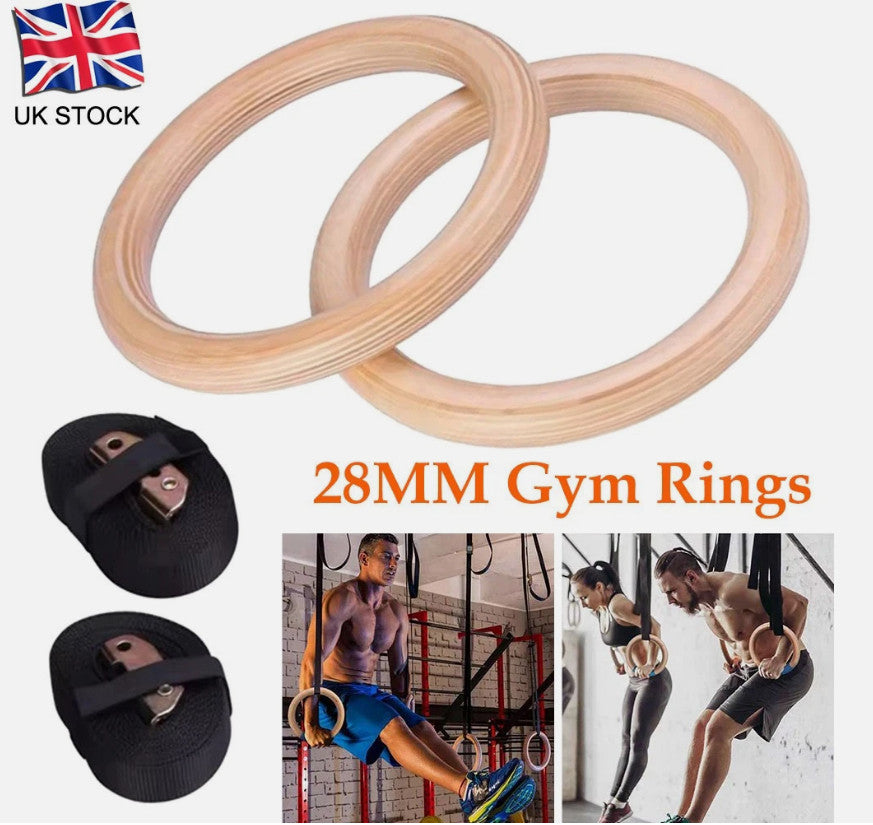 28mm Wooden Gymnastic Ring with Adjustable Buckle Straps Workout Fitness Ring
