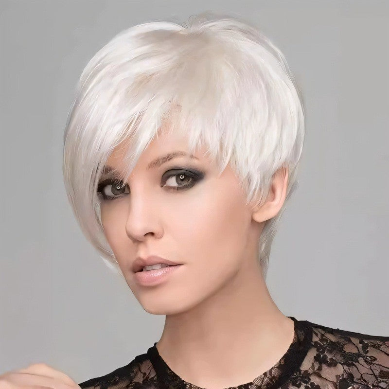 Stylish Silver-white Side-parted Long-bang Short Straight Wig for Ladies