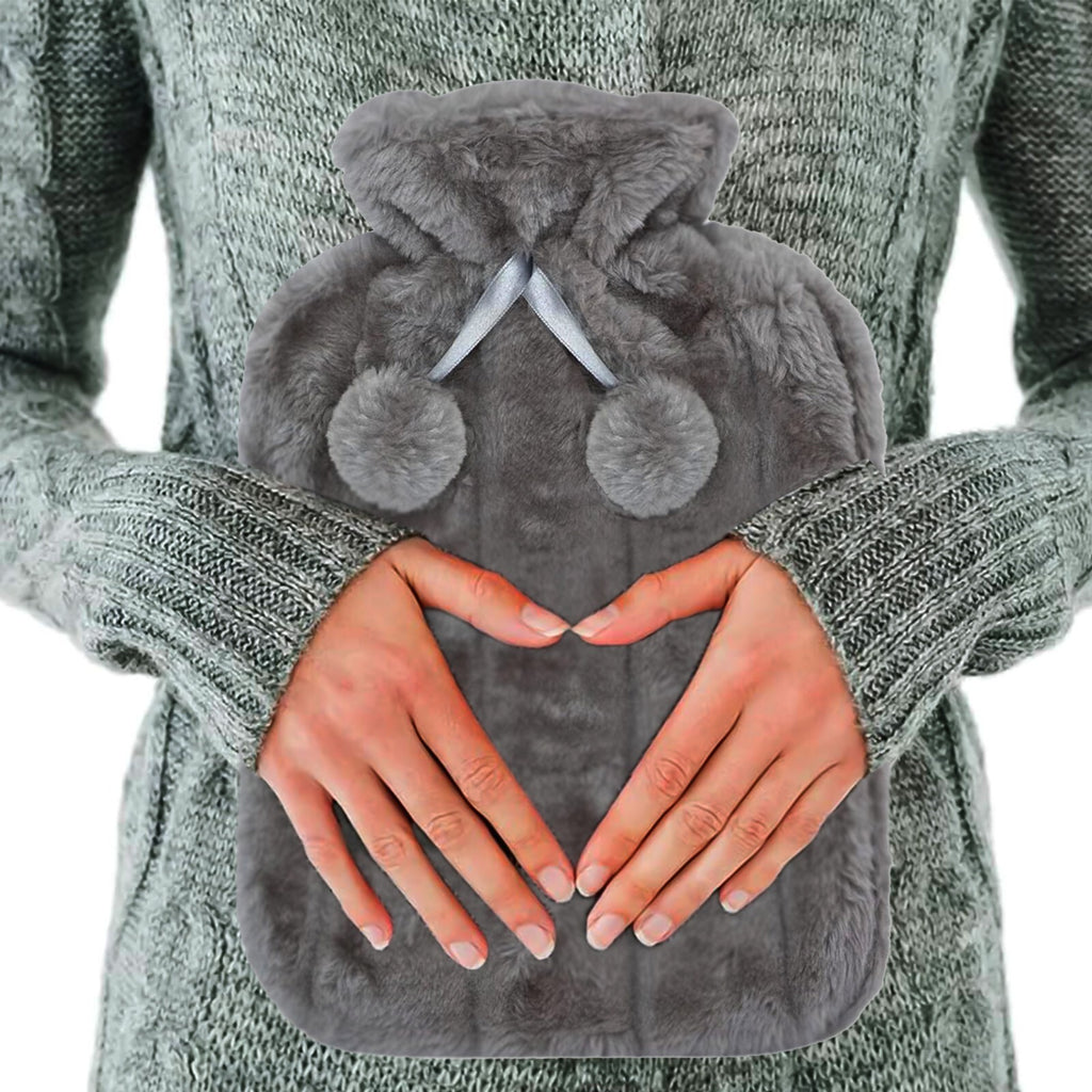 Large 2L Natural Rubber Hot Water Bottle With Warm Faux Fur Fleece Knitted Cover