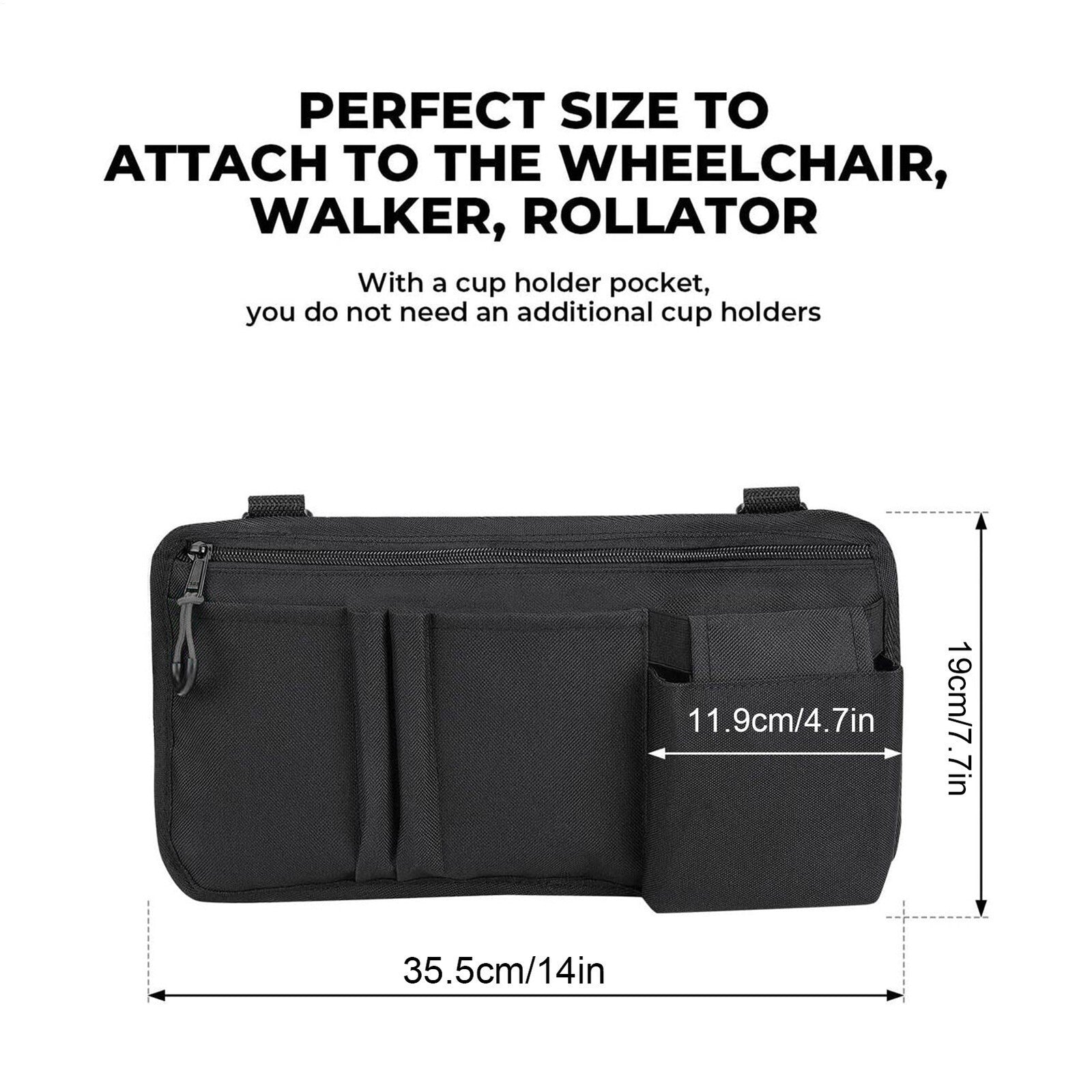 Wheelchair Armrest Side Storage Bag Cup Holder Multi Pocket Organiser Accessory