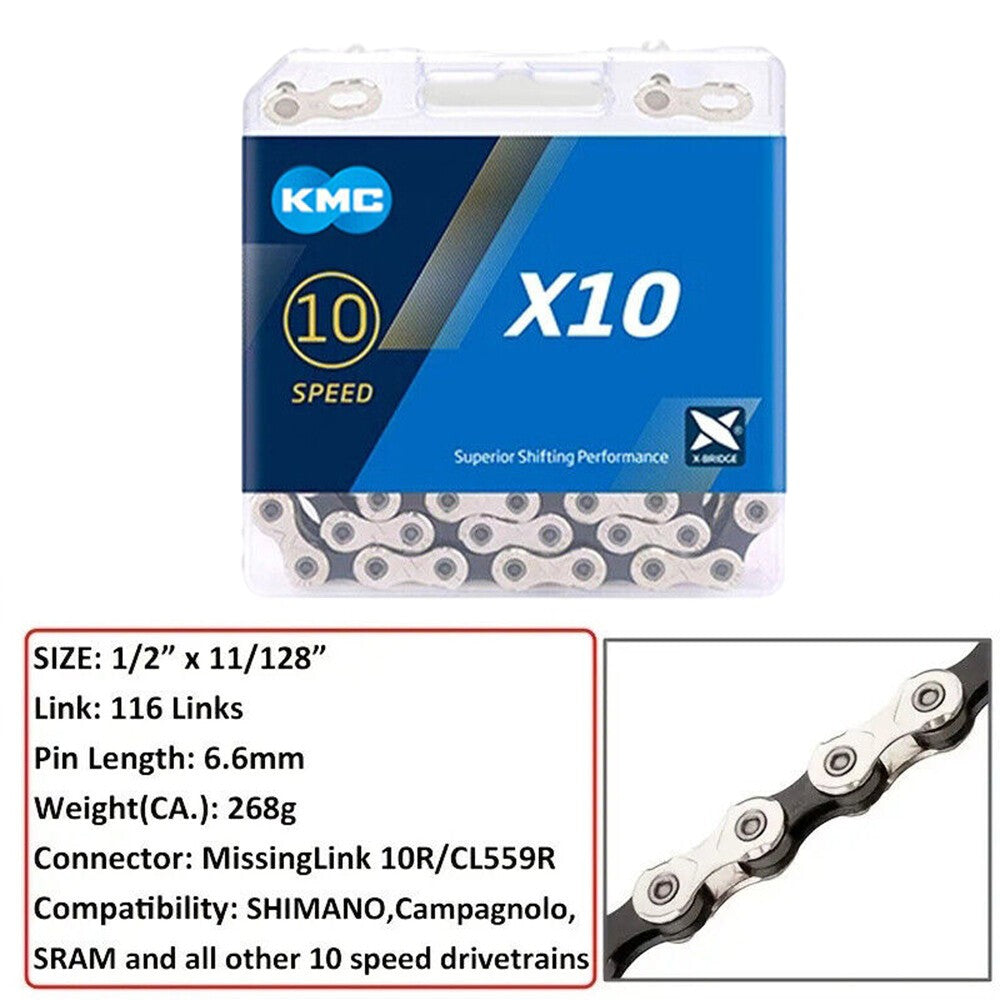KMC 10 Speed Chain X10 Silver 116 Link Stretch-proof MTB Bicycle Road Univesal