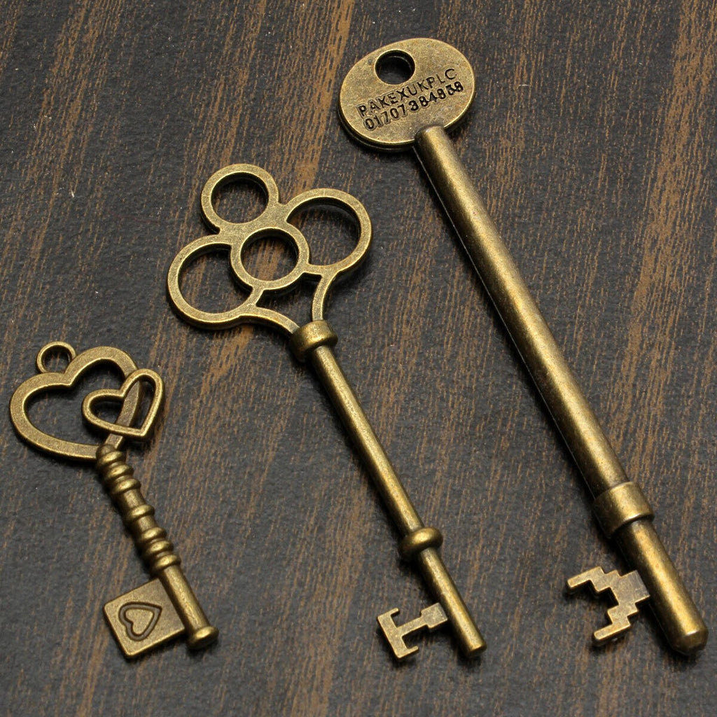 18X Keys BIG Large Antique Vintage old Brass Skeleton Lot Cabinet Barrel Lock U