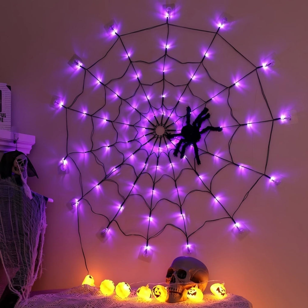 Halloween Luminous Spider Web LED Lights Hairy Black Spider Garden Hanging Decor