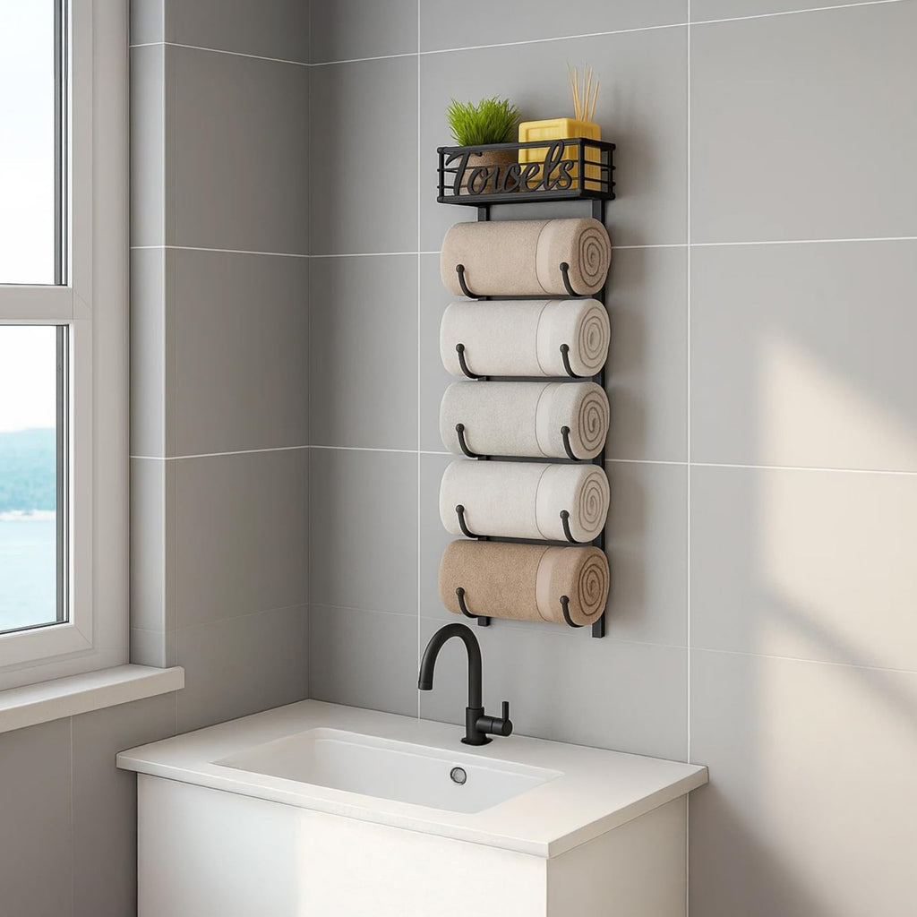 Over Door Towel Rack Towel Storage Rack Wall Mounted with Metal Shelf Basket UK