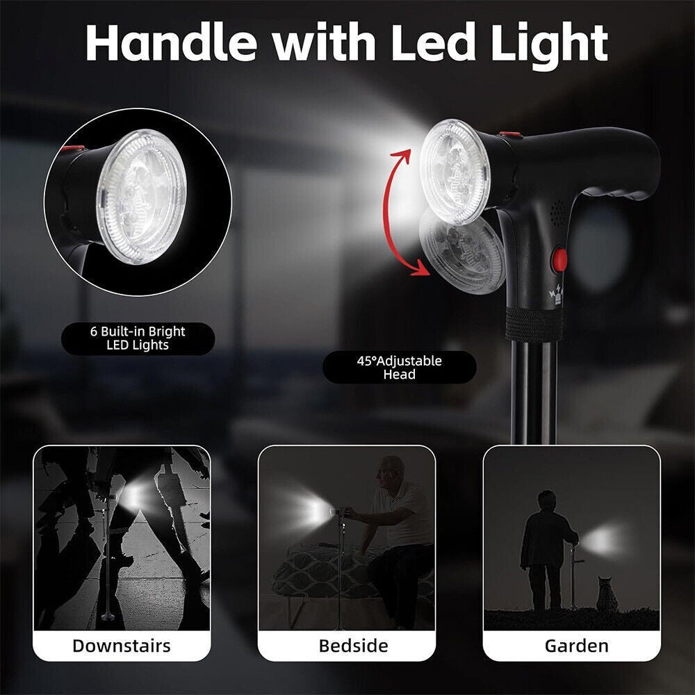 Elder Folding Walking Stick Walking Cane Height Adjustable LED Light Alarm