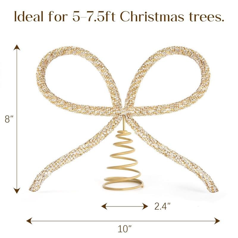 Christmas Tree Topper Bow, Gold Glass Rhinestone Bow Tree Topper Christmas Decor