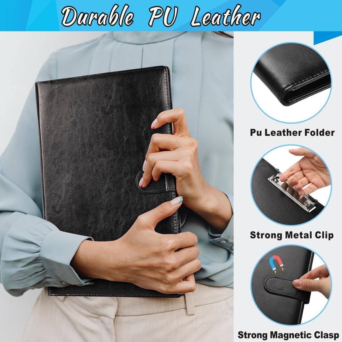 A4 PU Leather Clipboard Folder Waterproof Magnetic Clip Board W/Storage Pocket