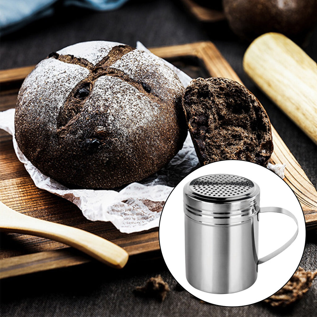 Flour Chocolate Dredger Shaker with Handle 10oz Sifter Sprinkler Stainless Steel