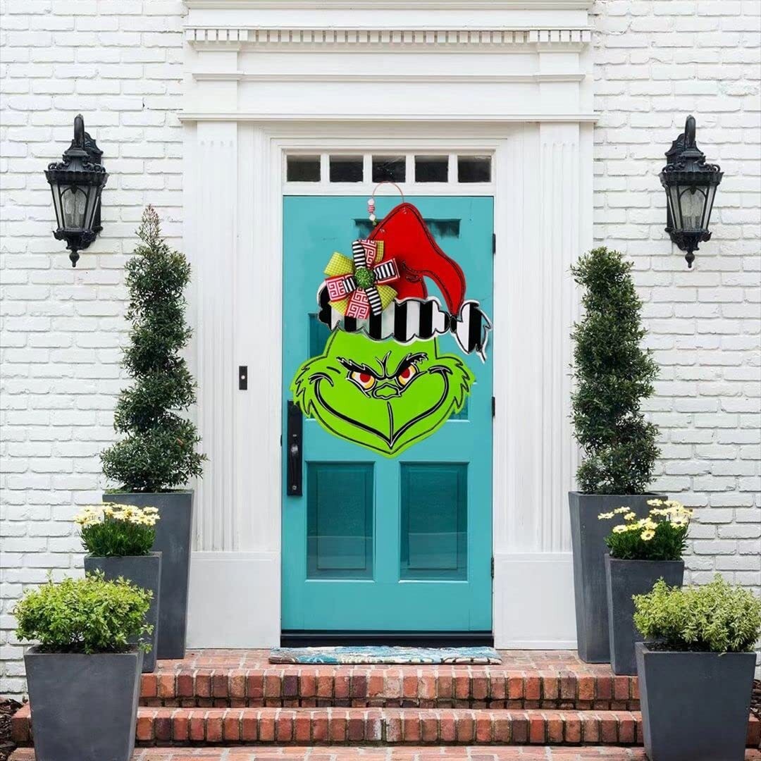 Grinch Christmas Wooden Wreath Front Door Welcome Sign Home Decorations