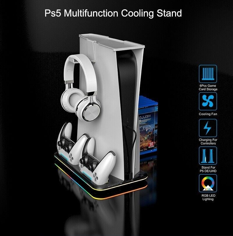 Dual Controller Charging Dock + Cooling Fan Stand RGB Light For PS5 Accessories