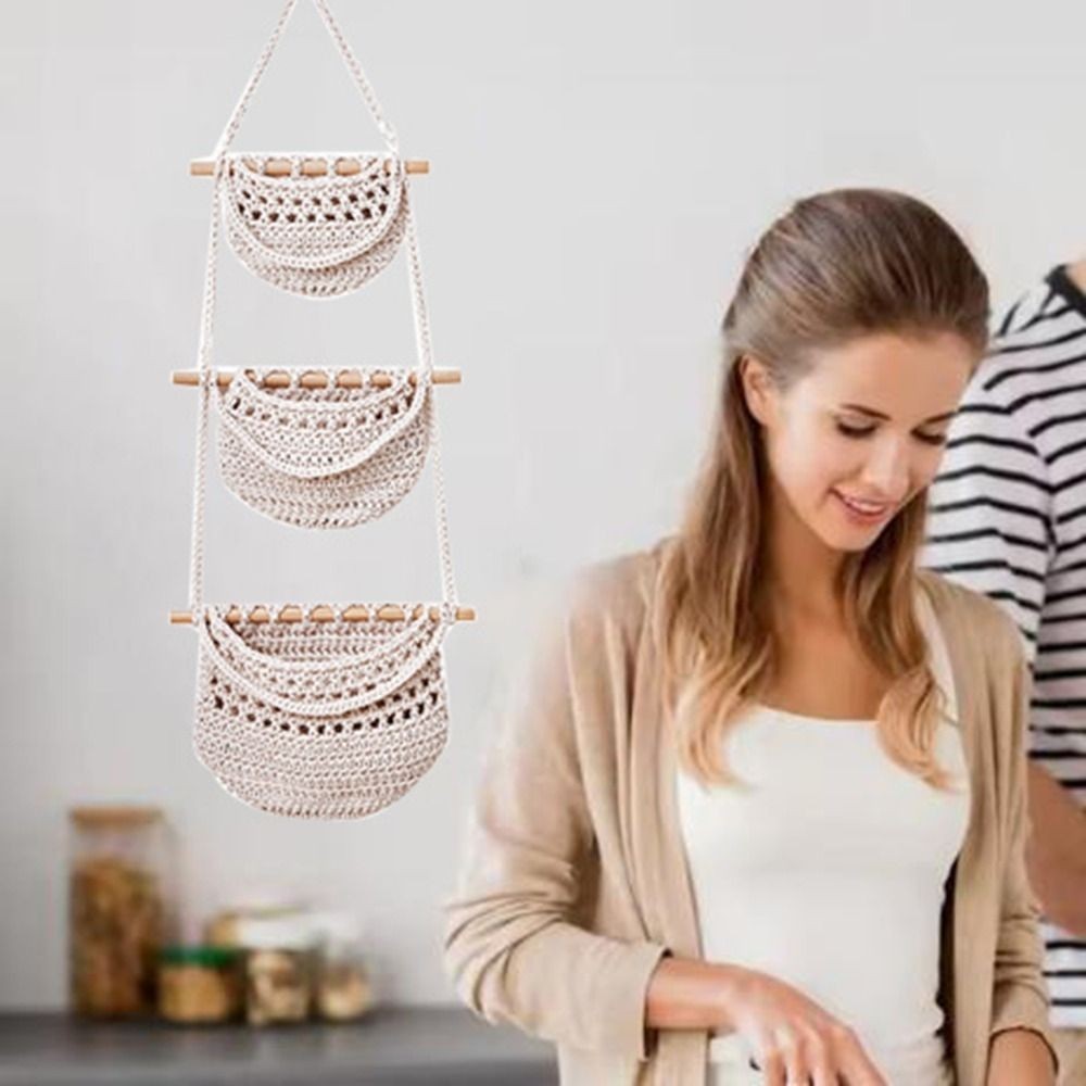 1/3-Tier Macrame Fruit Hammock Storage Basket Hanging Vegetable Holder Pockets