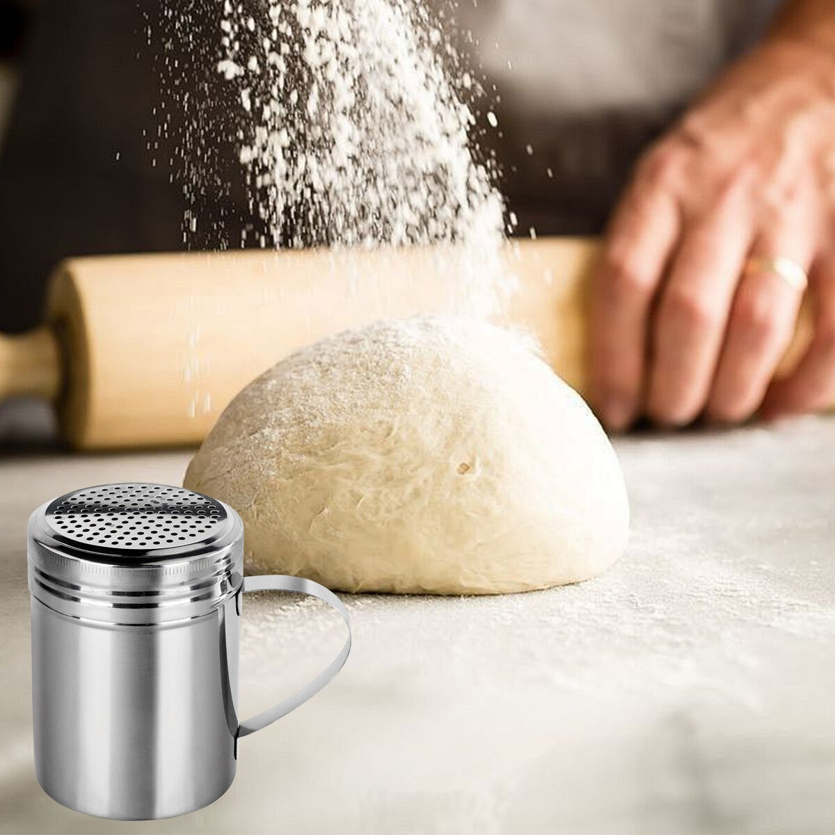 Flour Chocolate Dredger Shaker with Handle 10oz Sifter Sprinkler Stainless Steel