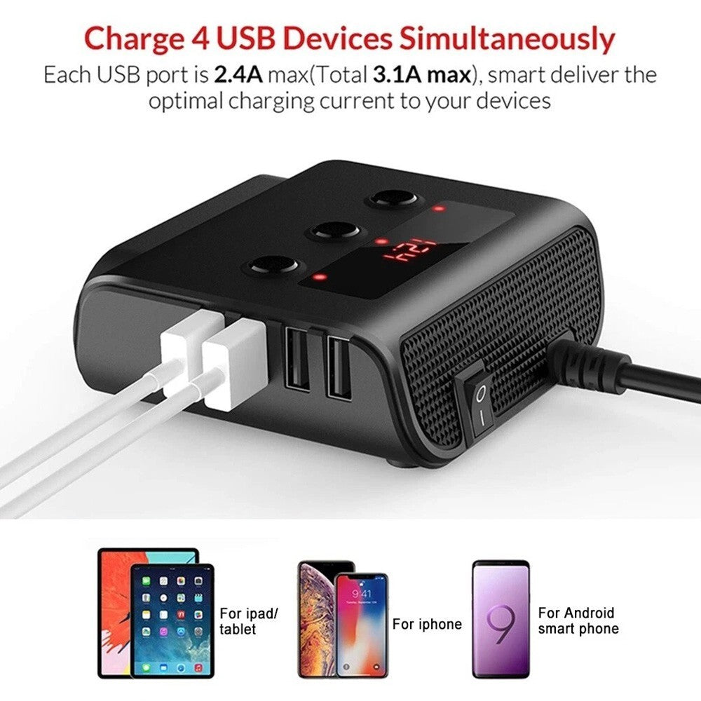 3Way Car Cigarette Lighter Socket Splitter USB Fast Charger Power Adapter 12-24V