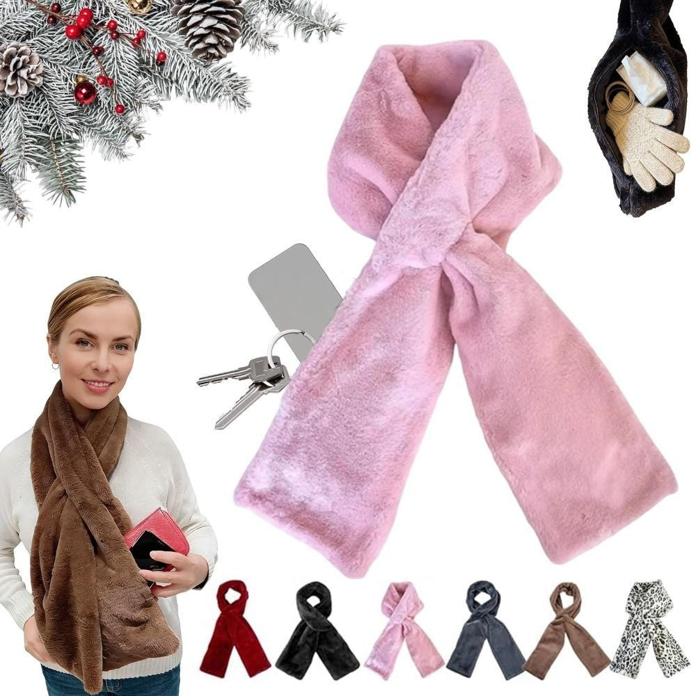 Faux-Fur Pull Through Scarf With Hidden Zipper Pocket Warm Neckwear for Women
