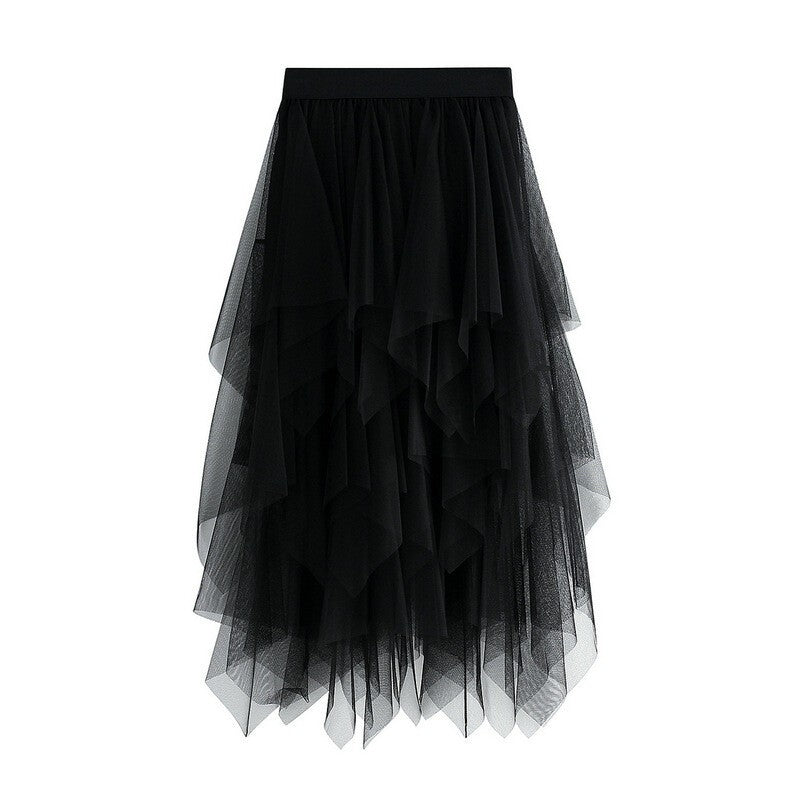 *Women's* Vintage Solid Color Layered Irregular Mesh Skirt Tulle Bubble Skirt.
