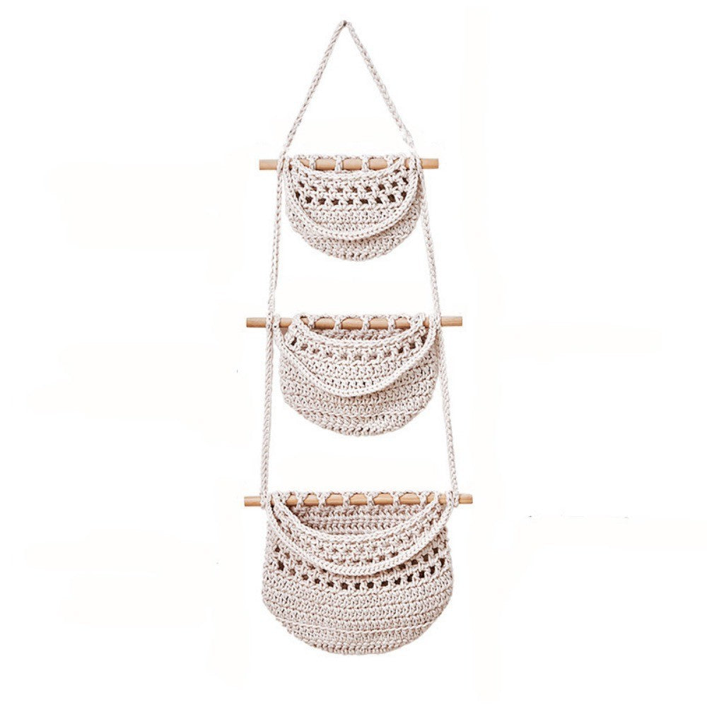 1/3-Tier Macrame Fruit Hammock Storage Basket Hanging Vegetable Holder Pockets