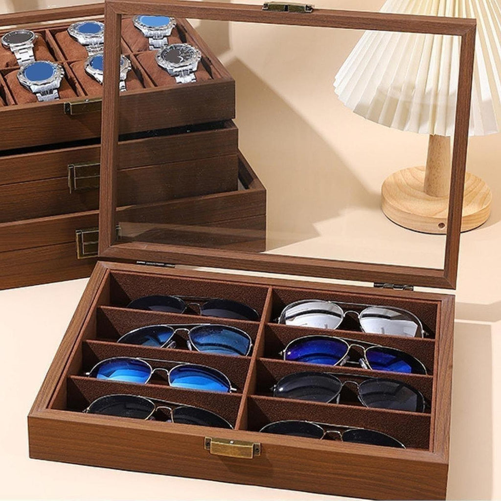 8 Grids Sunglasses Storage Box Dustproof Portable Jewelry Watch Trendy Wood