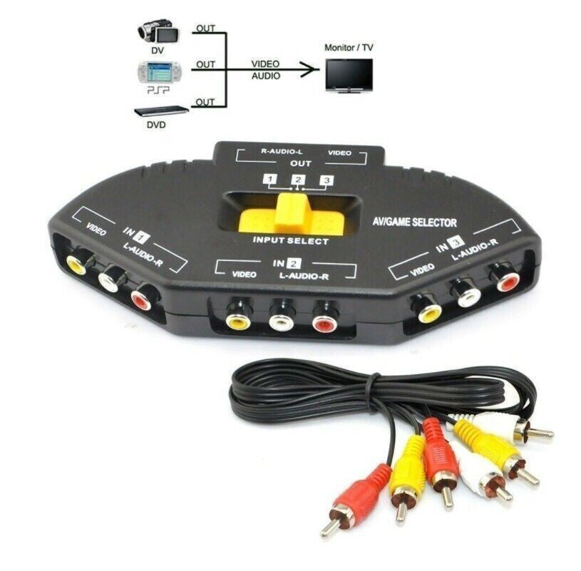 3 Way Audio Video AV Switch Multi Box Composite Selector With 2 FT Cable