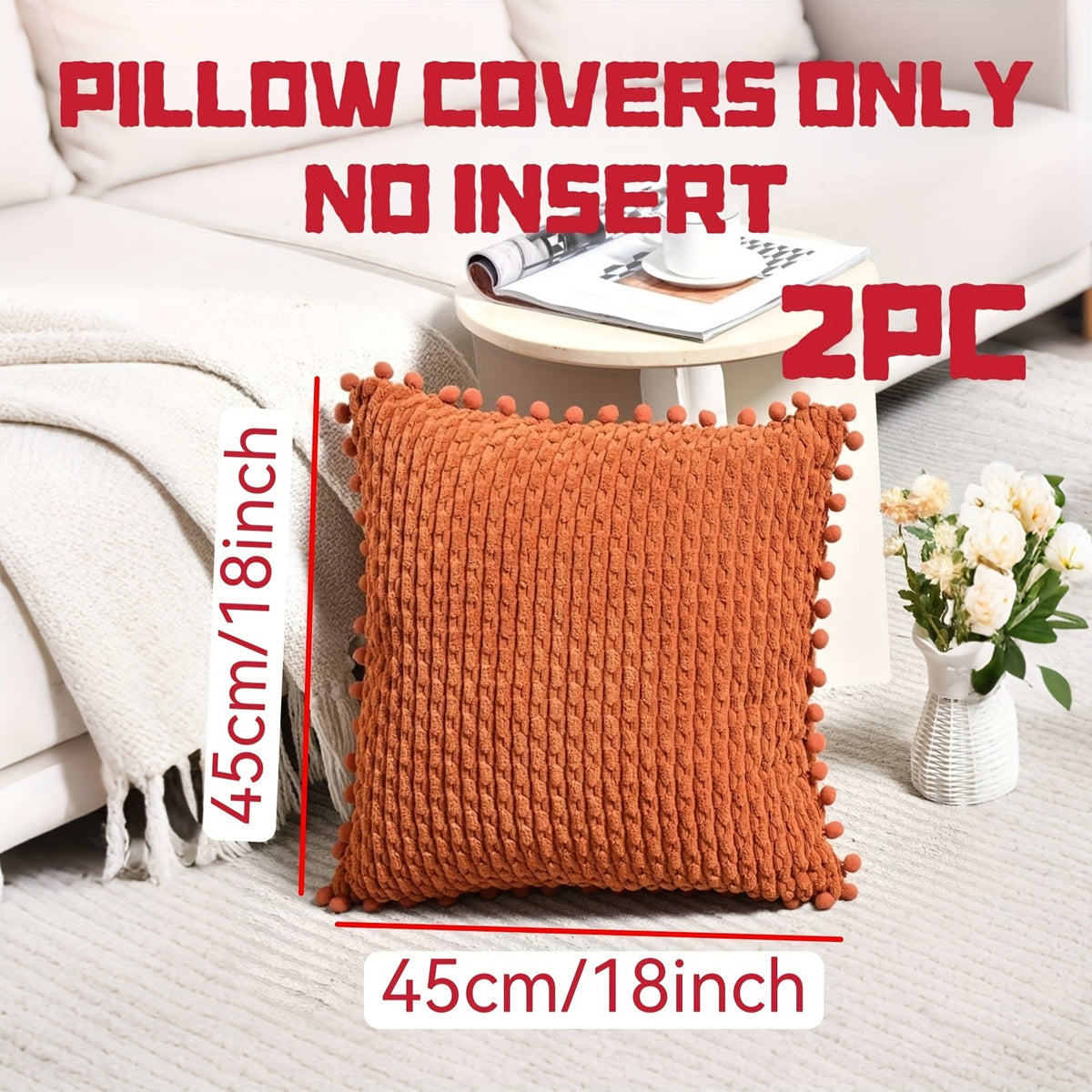 2PCS Boho Throw Pillow Covers with Pom-poms Soft Corduroy Cushion Case Decor