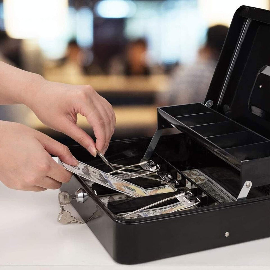 Money Float Tin Keys Lockable Safe Metal Petty Cash Box Coin Tray