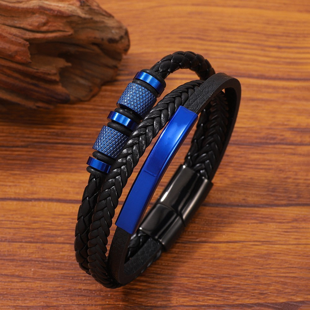 Stainless Steel Multi-colored Hand-woven Men's Leather Bracelet