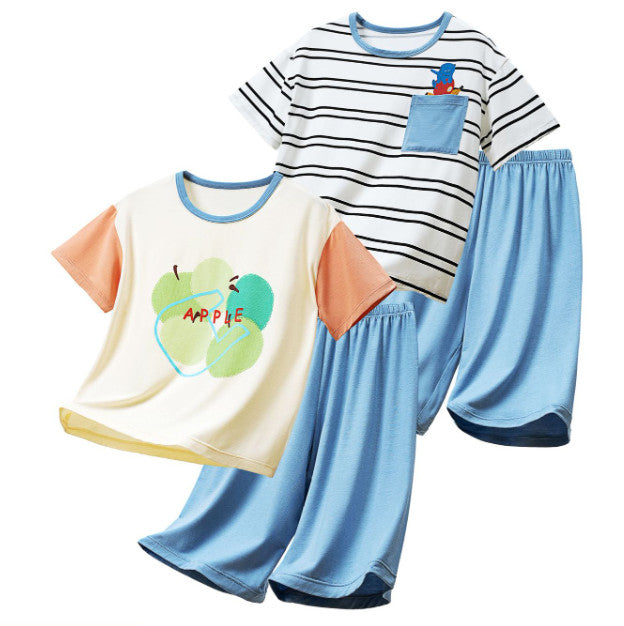 Soft Modal Kids Pajama Set Short Sleeve Top & Capri Pants Summer Sleepwear