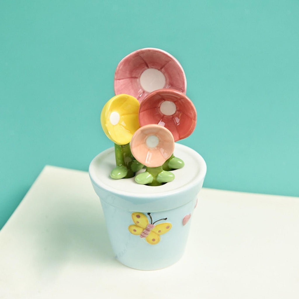 Ceramic Flower Pot Measuring Spoon Set with Base Household