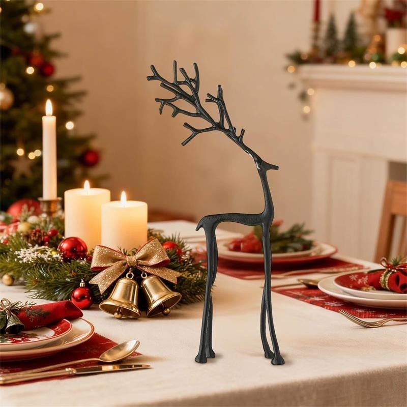 Set of 2 Black Reindeer Statues - Modern Xmas Figurines - Elegant Indoor Holiday
