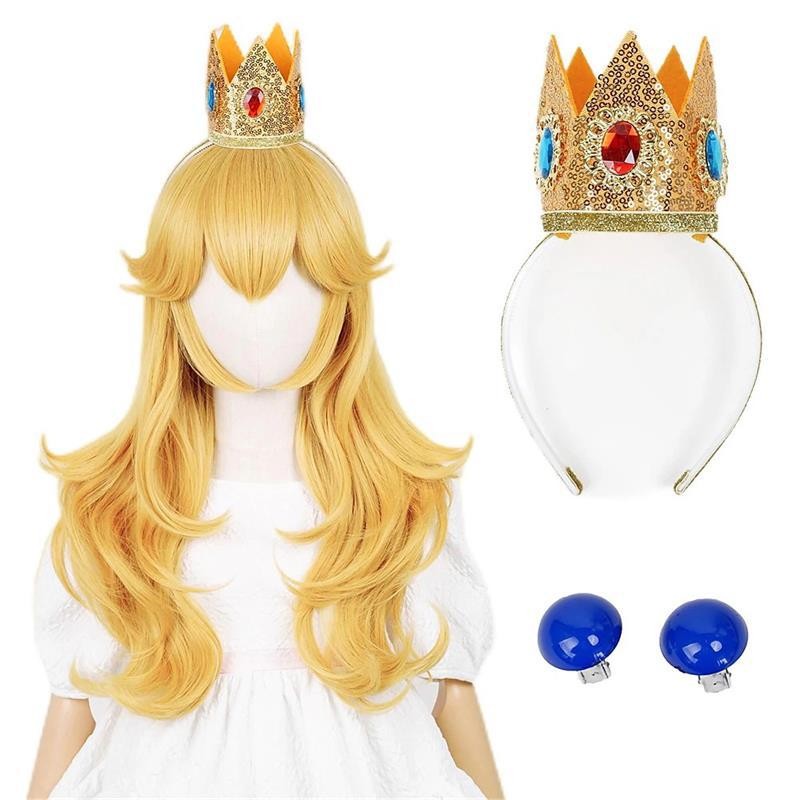 Mario Peach Blossom Princess cosplay wig long hair and crown headpiece